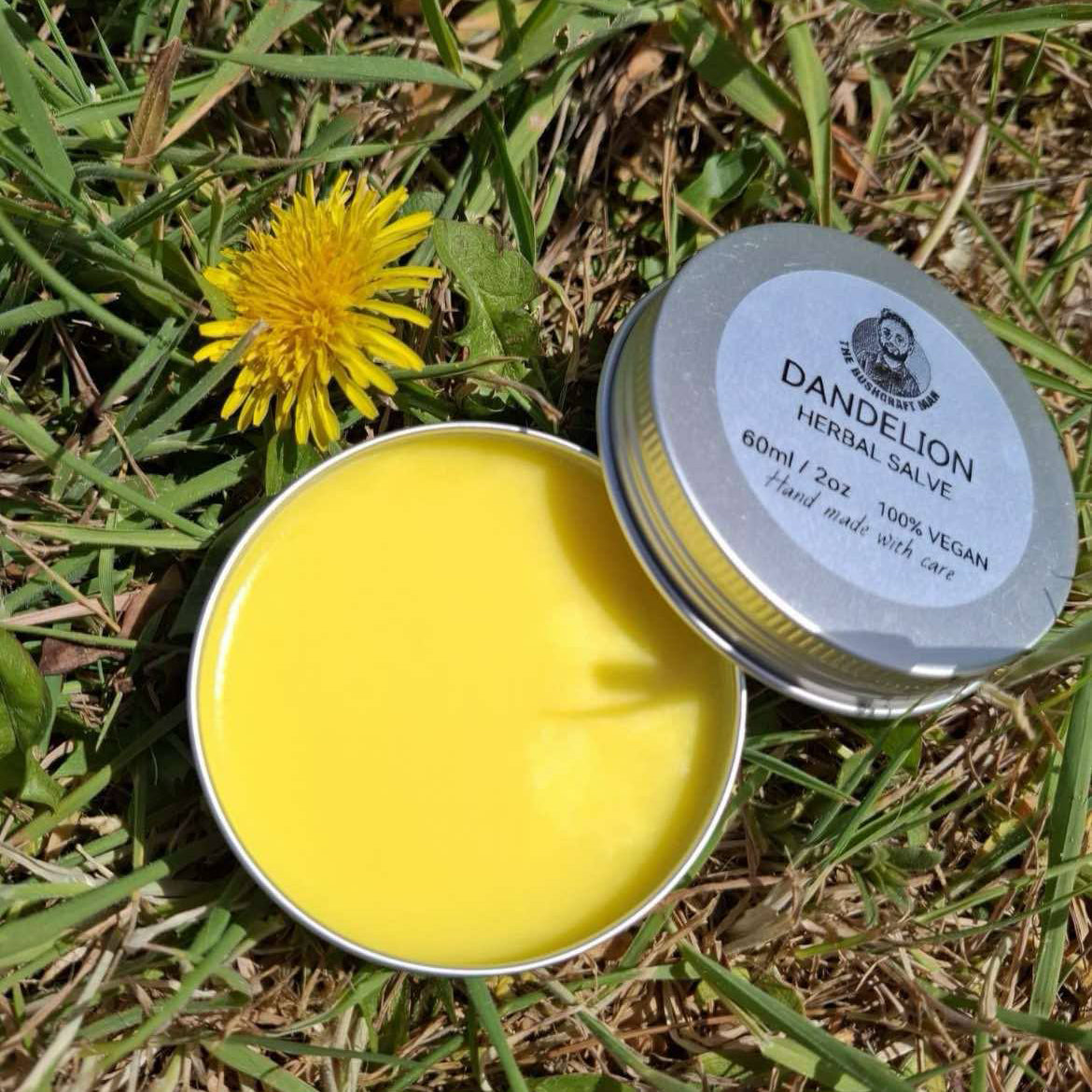 Dandelion herbal salve in a metal tin on grass with a dandelion flower.